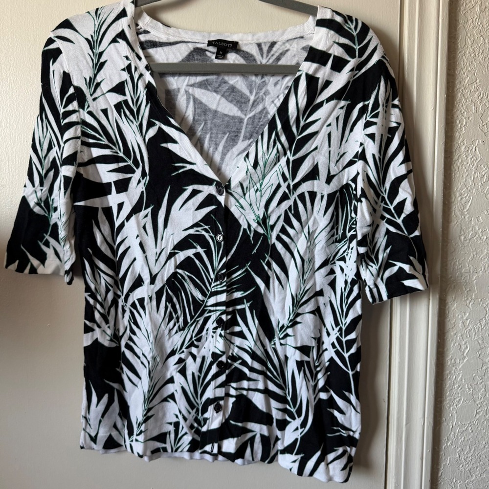 Talbots Womens Black White Palm Leaf Print Short Sleeve Cardigan Sweater Size M
